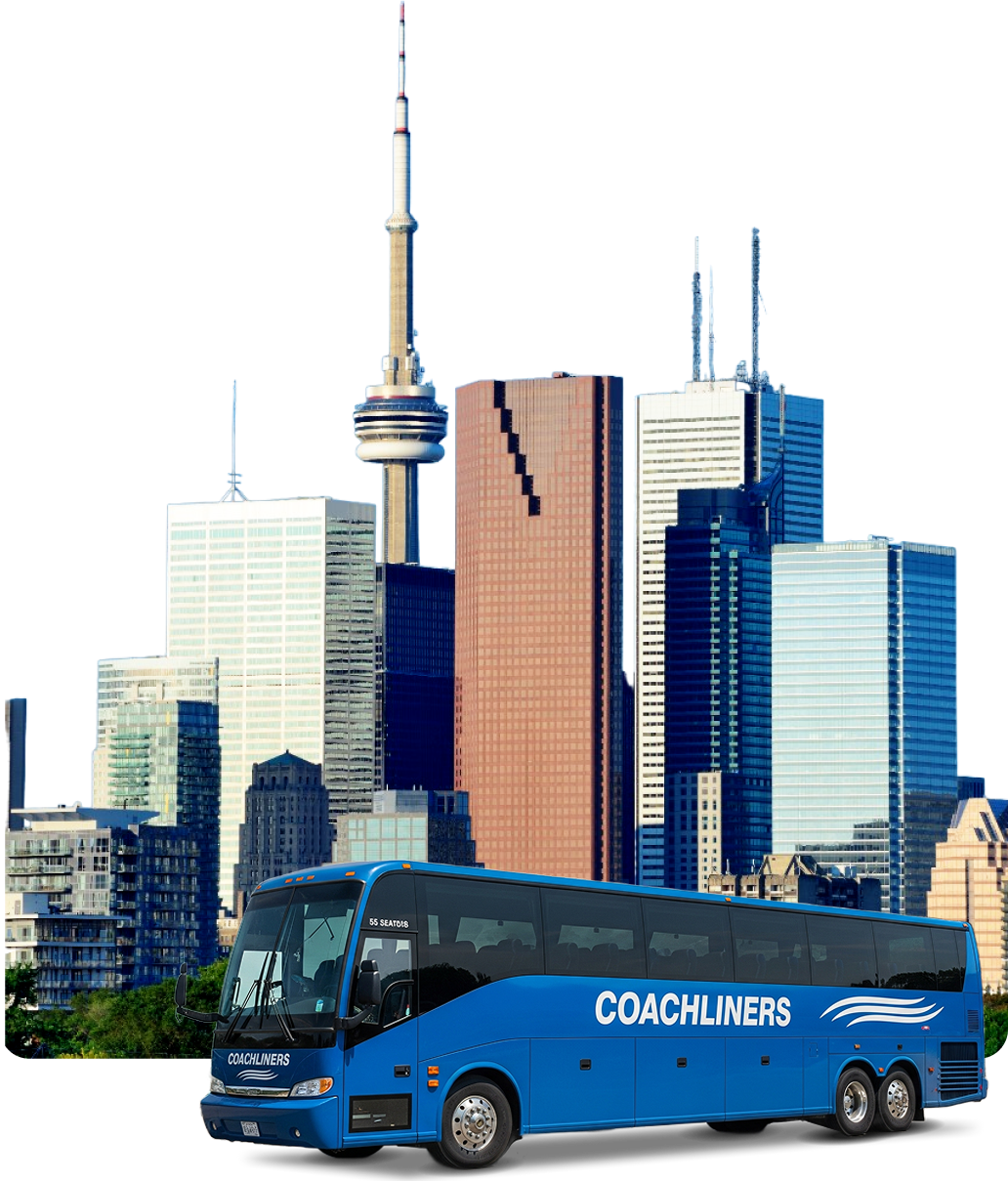 Coachliners blue wrapped bus front of city of toronto